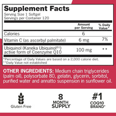 Qunol etiqueta nutricional destacando 100 mg por cápsula y sin gluten