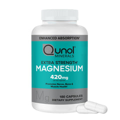 Qunol frasco frontal mostrando magnesio 420 mg y practicidad