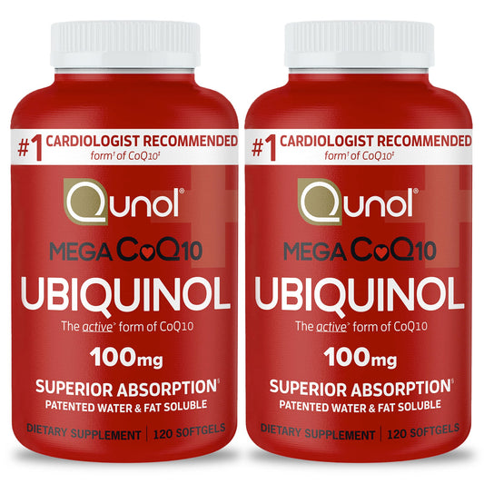 Qunol envase frontal mostrando 240 cápsulas y ventaja de absorción