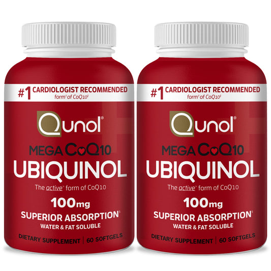 Qunol Mega Ubiquinol CoQ10: botella visible, absorción superior para energía diaria.