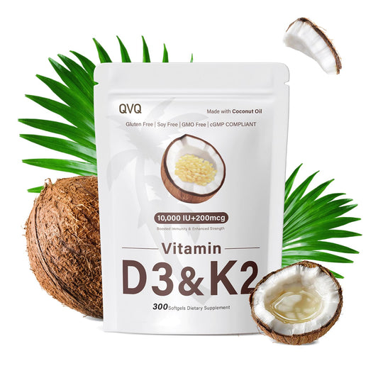 QVQ D3 K2 cápsulas con aceite de coco en envase, favorecen absorción.