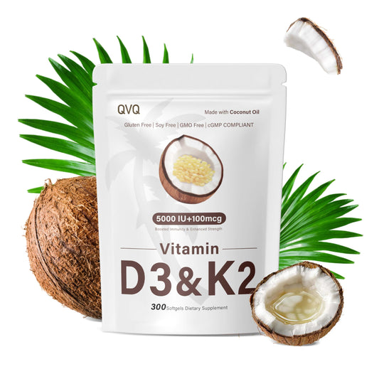 QVQ D3 K2 cápsulas suaves en aceite de coco para absorción óptima.