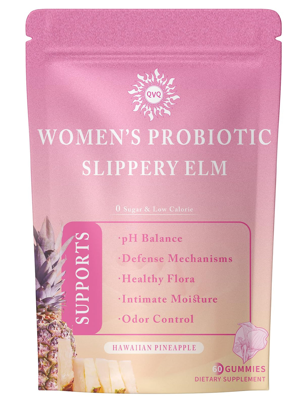 QVQ Womens Probiotic Slippery Elm Gummies pineapple bottle promoting gut balance