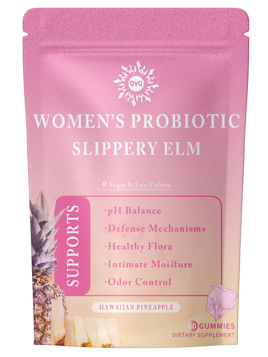 QVQ Womens Probiotic Slippery Elm Gummies pineapple bottle promoting gut balance