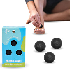 RAD micro rounds vista frontal del empaque mostrando las tres pelotas y beneficios