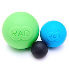 RAD frontal del empaque mostrando set de tres pelotas, fácil transporte