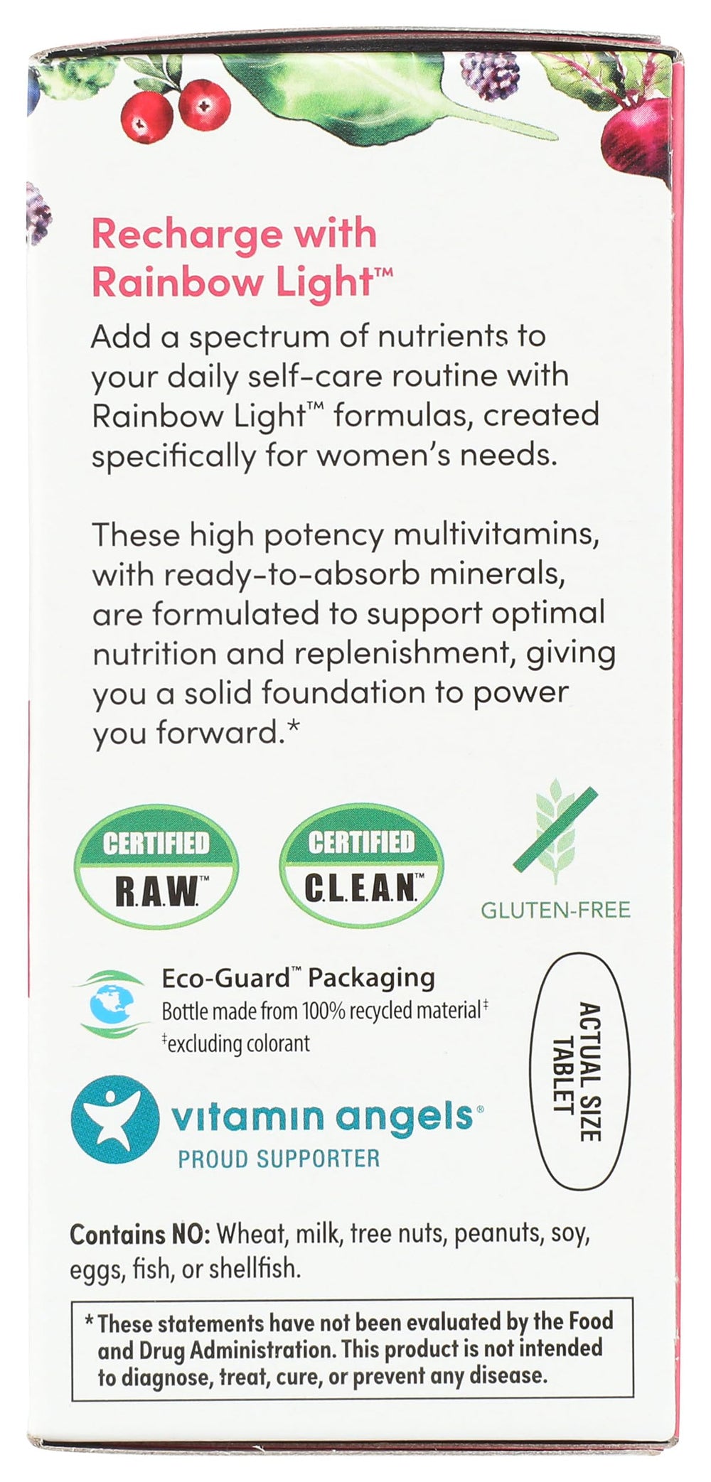 Detalle del listado de nutrientes en el envase Rainbow Light, ayudando a ver ingredientes clave claramente.