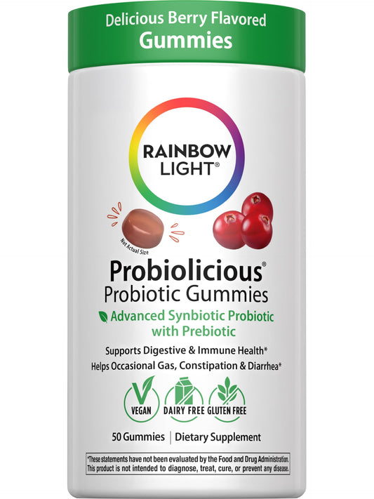 Rainbow Light frasco frontal mostrando etiqueta y cantidad, beneficio conveniencia