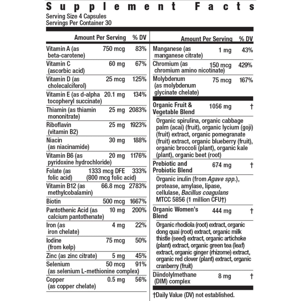 Rainbow Light ingredientes orgánicos de frutas y verduras para una fórmula vegetariana.