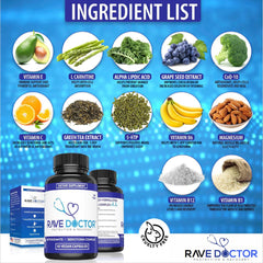 Rave Doctor etiqueta con información nutricional clara y segura