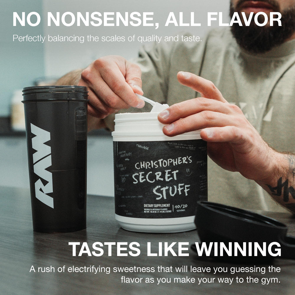 Nutrition label of RAW Christopher's Secret Stuff highlights clean ingredients and servings