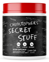RAW Christopher's Secret Stuff pre-workout bottle showing a flavorful energy boost for workouts