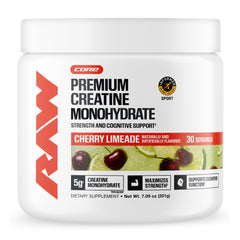 RAW creatina frente del envase mostrando 30 porciones y sabor cherry limeade para adherencia