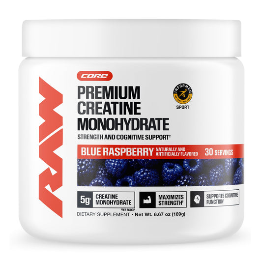 RAW envase frontal mostrando cretina frambuesa azul y claridad del producto