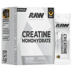 RAW Creatine paquete frontal mostrando los 30 sobres y conveniencia