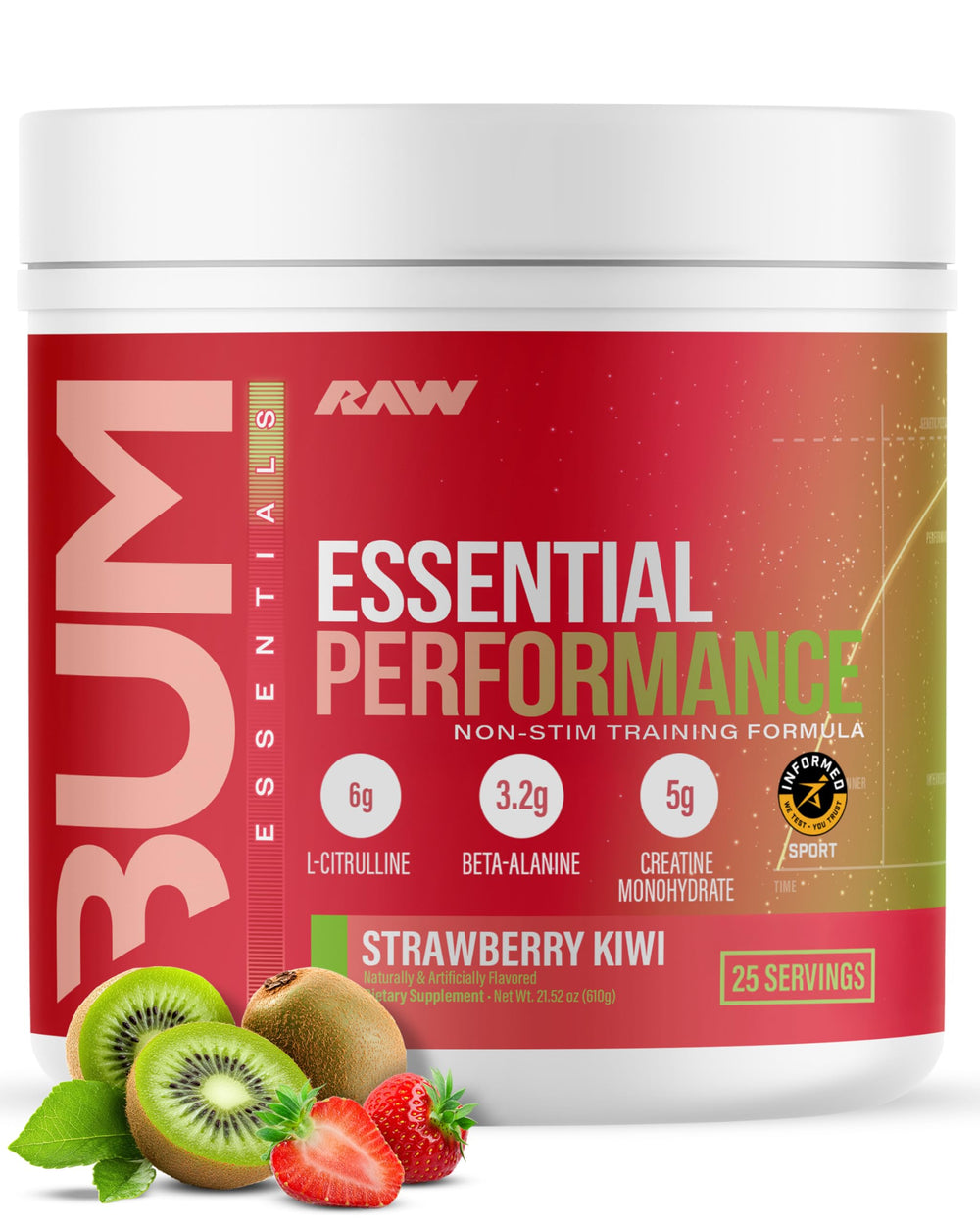 RAW Esencial Rendimiento Pre-entreno, sabor fresa kiwi, energía para entrenos sostenidos.