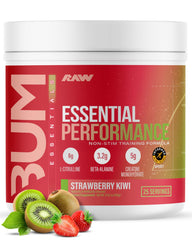 RAW Esencial Rendimiento Pre-entreno, sabor fresa kiwi, energía para entrenos sostenidos.