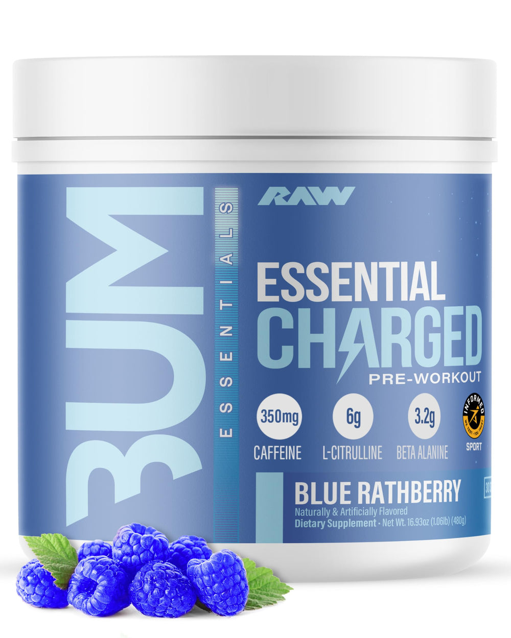 RAW Essential Charged blue raspberry scoop for focused workouts