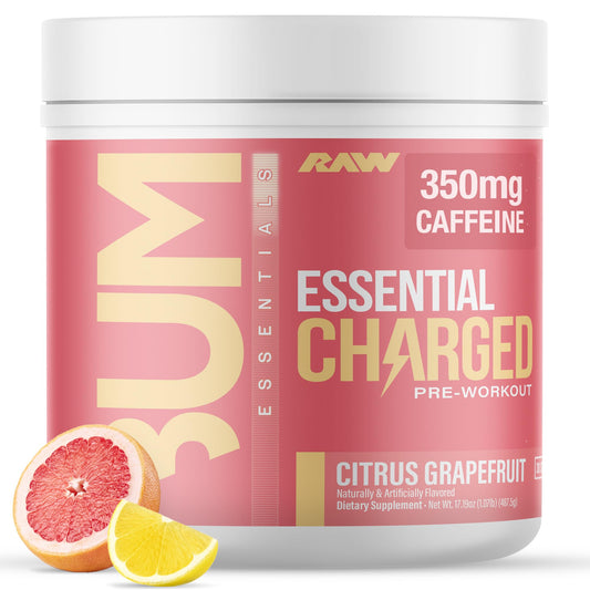 RAW Essential CHARGED frente del envase mostrando diseño y sabor Citrus Grapefruit, práctico para entrenos.