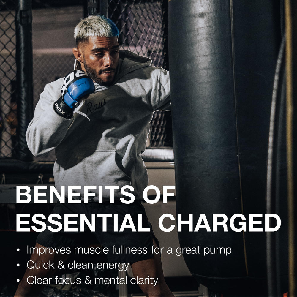 Close-up label of RAW Essential Charged showing ingredients for focus