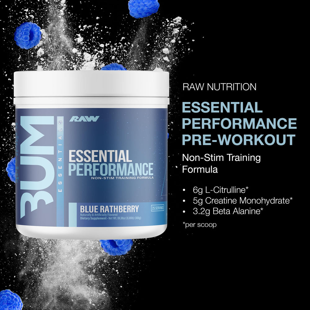 RAW Essential Frambuesa Azul con cuchara medidora, dosis precisa para entrenamientos consistentes.