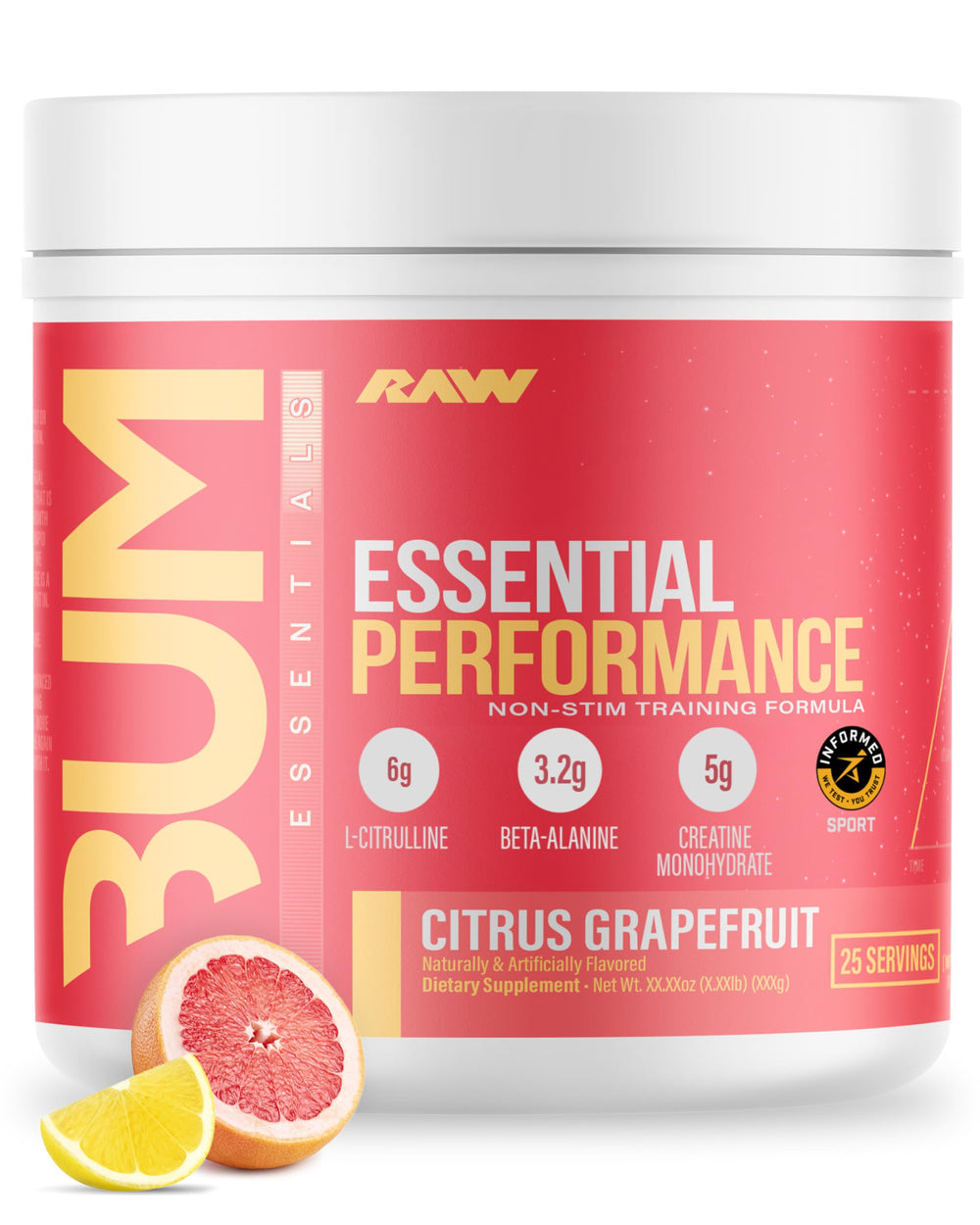 RAW Rendimiento Esencial la lata pomelo citrico para entrenamiento sin cafeina.