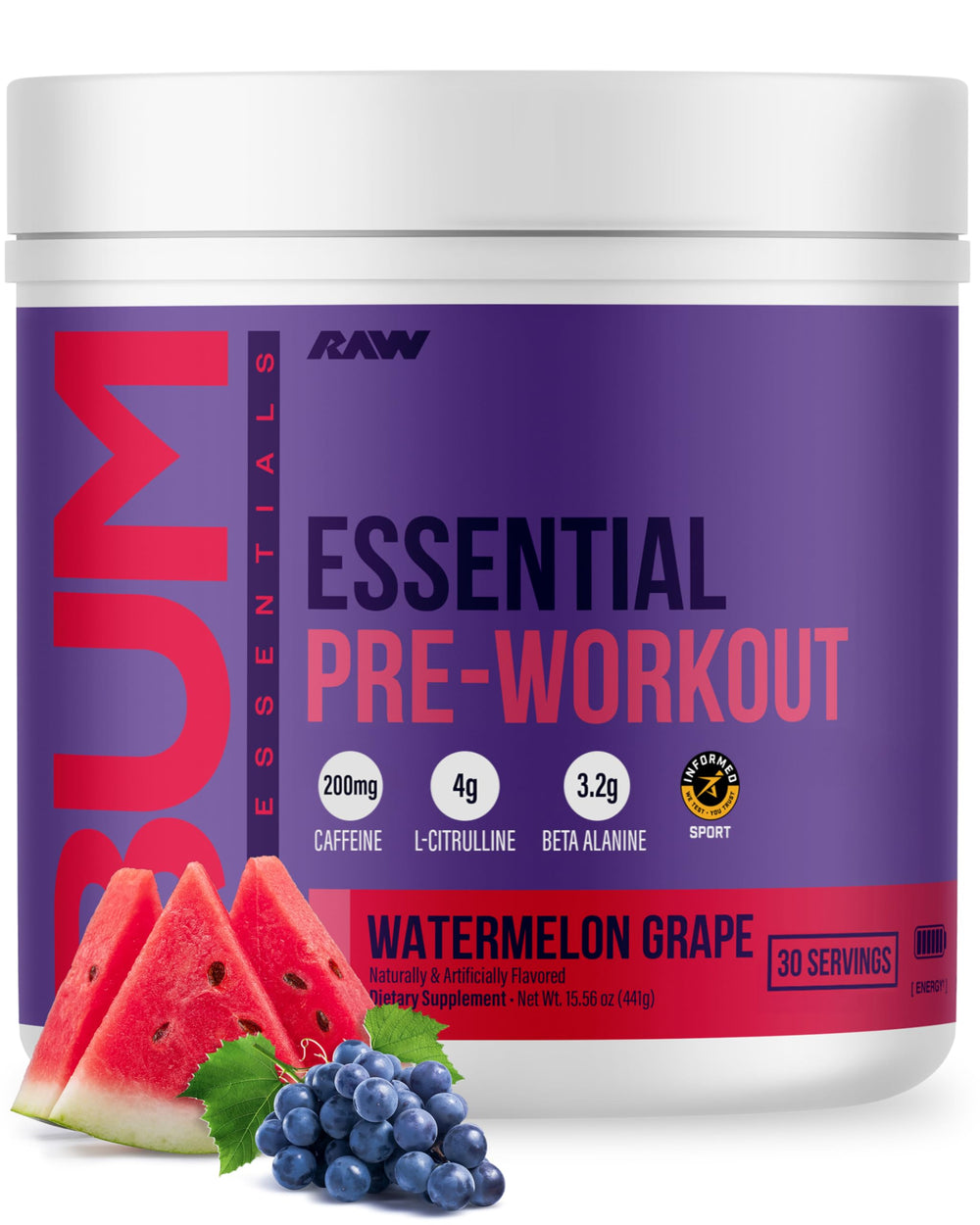RAW Essential Preentrenamiento, botella frontal, energía sostenida para entrenar con foco.