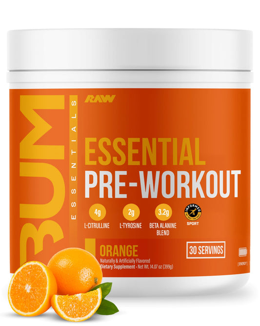 RAW Essential Pre-Workout: bote naranja proporciona energía sostenida para entrenamientos intensos.