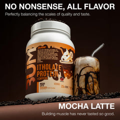 RAW batido Mocha Latte en vaso, recuperación sabrosa postentreno