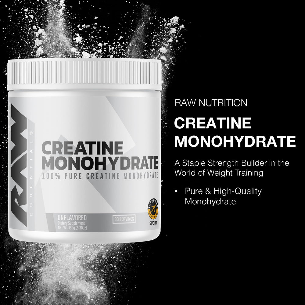 RAW Nutrition creatine monohydrate powder bottle label close-up showing purity