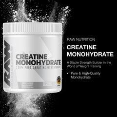 RAW Nutrition creatine monohydrate powder bottle label close-up showing purity
