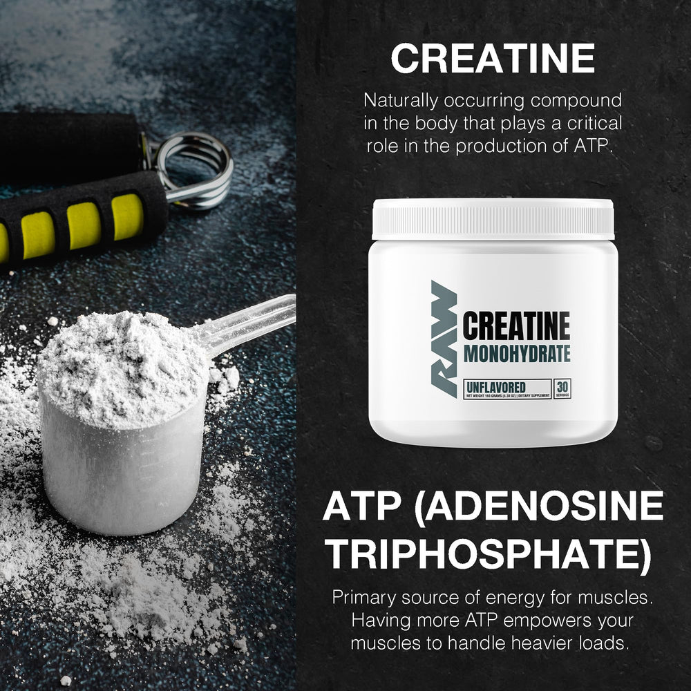 RAW Nutrition creatine monohydrate powder in a shaker for easy mixing