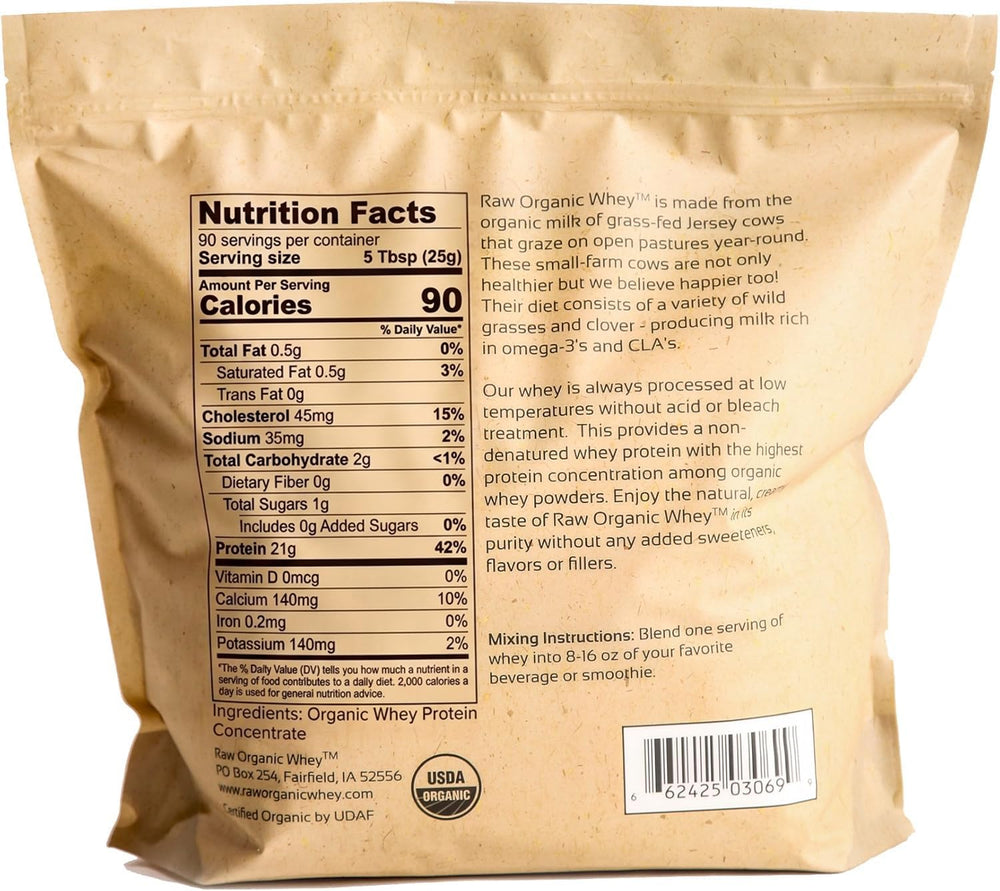 Raw Organic Whey bolsa resellable abierta mostrando cierre y conservación