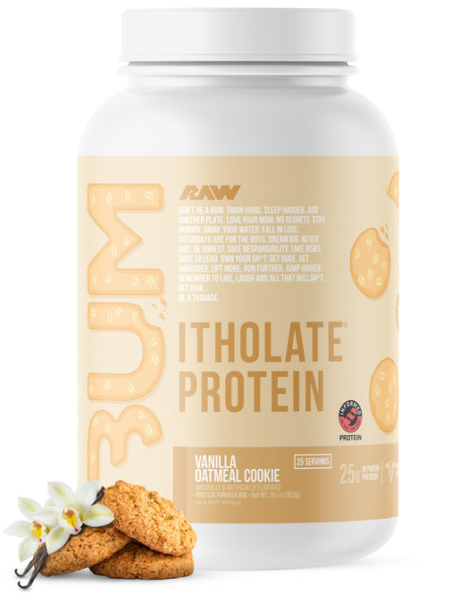Proteína RAW aislada con sabor galleta vainilla avena, apoyo a la recuperación tras entreno.