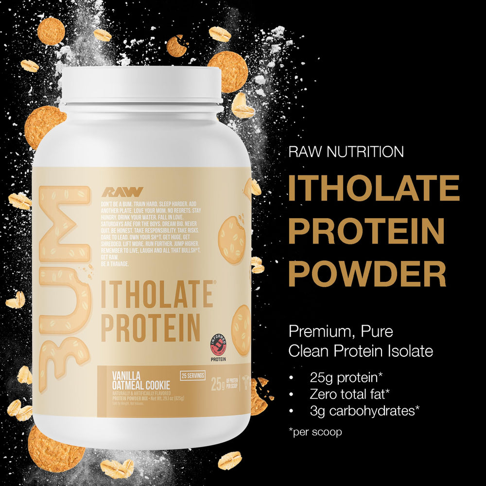 Proteína RAW aislada, sabor galleta vainilla avena, ideal para crecimiento muscular y comidas rápidas.