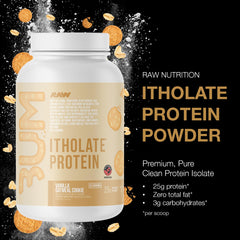 Proteína RAW aislada, sabor galleta vainilla avena, ideal para crecimiento muscular y comidas rápidas.