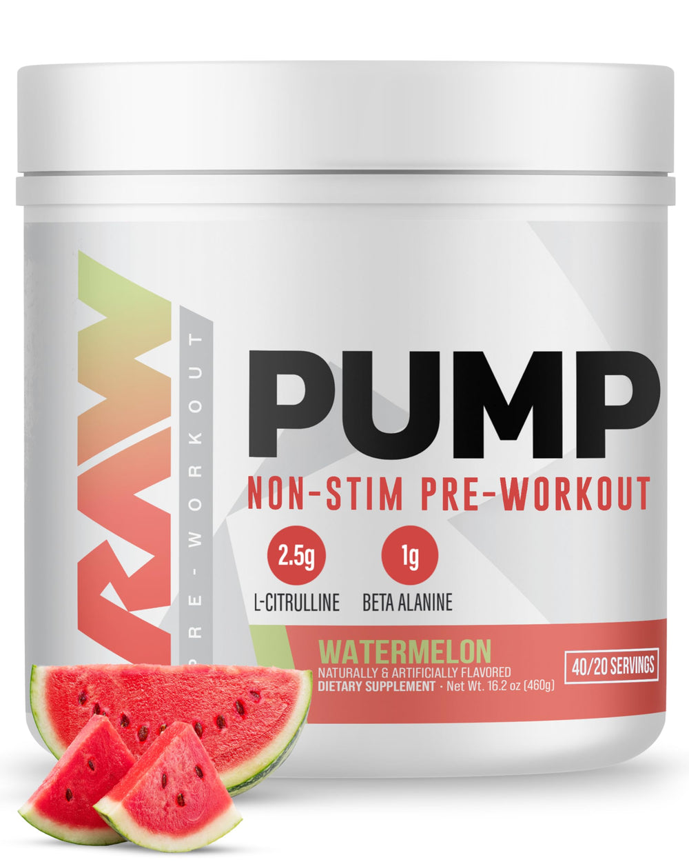 RAW Pump Stim Free lata con sabor Watermelon para entrenamientos nocturnos sin cafeína