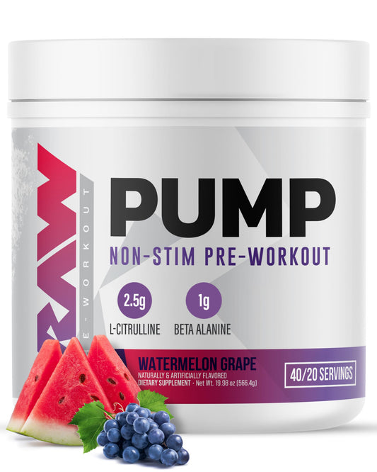 RAW Pump Stim Free envase 16oz con sabor Sandía y Uva para entrenamientos nocturnos
