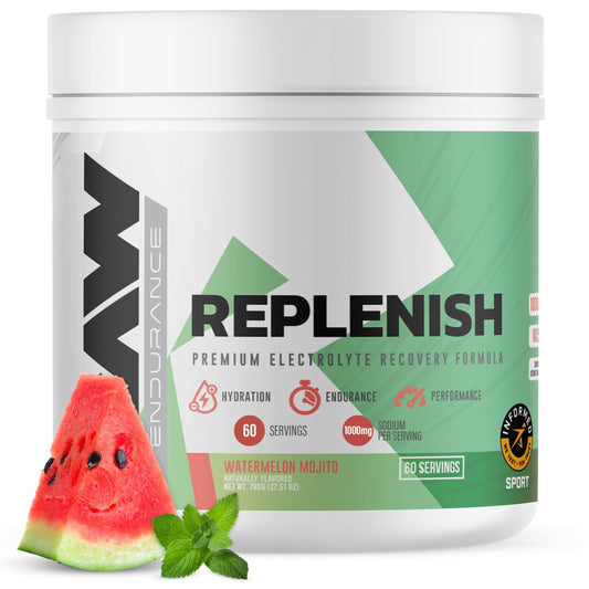 RAW envase frontal mostrando 60 servicios y sabor Watermelon Mojito beneficios hidratación