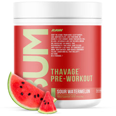 RAW Thavage Preentrenamiento, bote con sabor Sandía Agria para energía sostenida.
