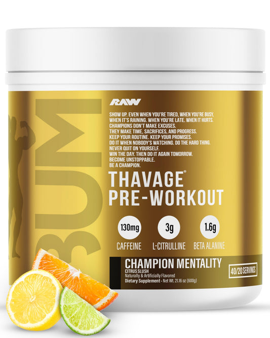 RAW Thavage pre-workout bottle front with bold branding and energy hint.
