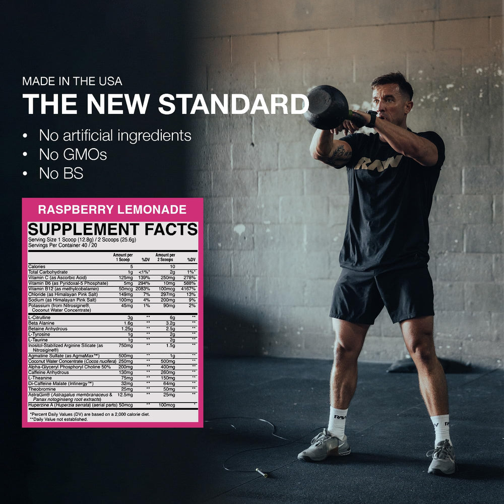 RAW Thavage Raspberry Lemonade glass ready-to-drink pre-workout beverage.