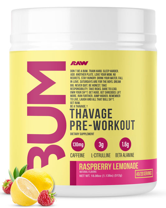 RAW Thavage Raspberry Lemonade powder fuels focused training sessions.