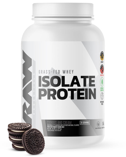 RAW Whey Isolate Cookies N Cream: envase práctico para dosis rápida y proteína de alta pureza.
