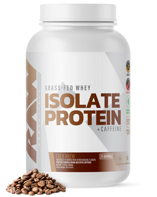 RAW Whey Isolate Cold Brew scoop illustrating high protein for workouts