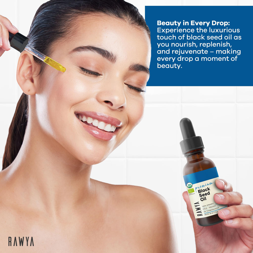RAWYA Aceite de semilla negra, aplicación suave en piel para hidratación diaria.