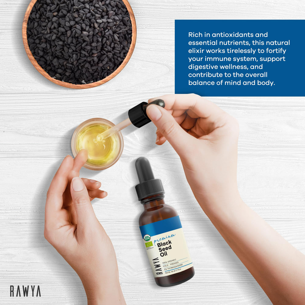 RAWYA Aceite de semilla negra, textura dorada y fluida para mezclar con cremas.