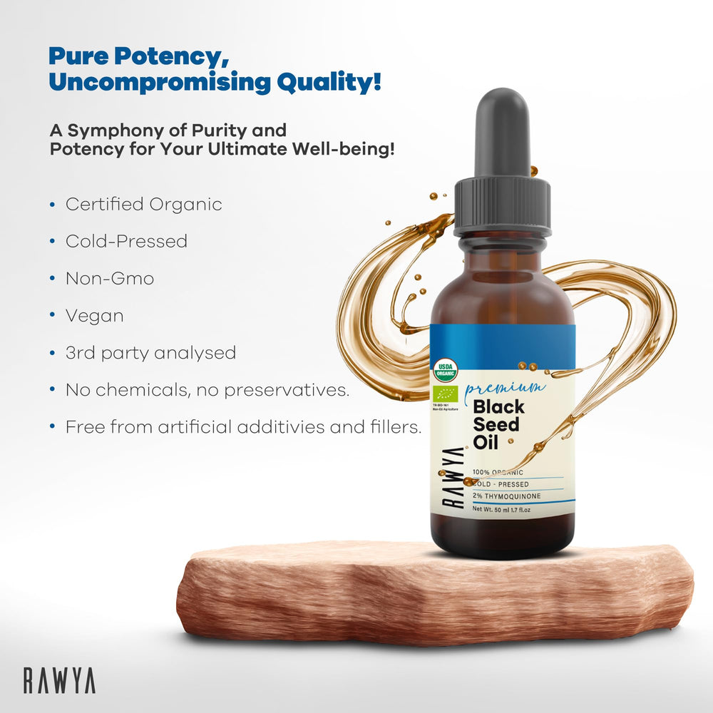 RAWYA Aceite de semilla negra, vertido en taza, ideal para ritual diario de cuidado personal.