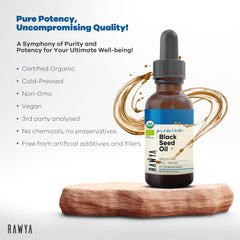 RAWYA Aceite de semilla negra, vertido en taza, ideal para ritual diario de cuidado personal.