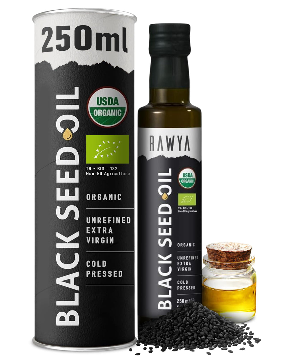 RAWYA Black Seed Oil bottle on the counter for daily culinary use.